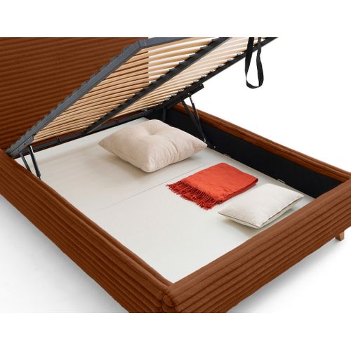 Cristal - Lit Coffre - 140x200 - Sommier Inclus - Fausse Fourrure Côtelée Rouille