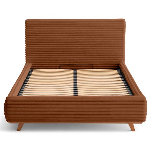 Cristal - Lit Coffre - 140x200 - Sommier Inclus - Fausse Fourrure Côtelée Rouille