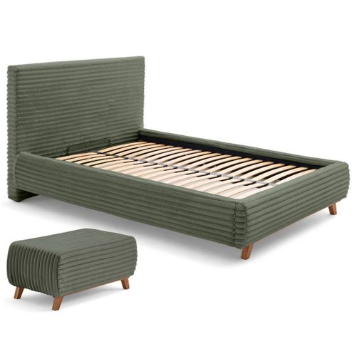 Cristal - Lit Coffre Avec Bout De Lit - 140x200 - Sommier Inclus - Fausse Fourrure Côtelée Vert