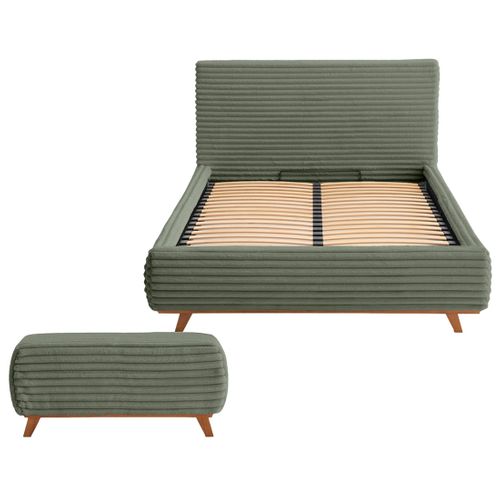 Cristal - Lit Coffre Avec Bout De Lit - 140x200 - Sommier Inclus - Fausse Fourrure Côtelée Vert