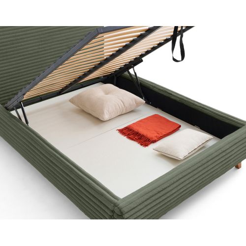 Cristal - Lit Coffre Avec Bout De Lit - 140x200 - Sommier Inclus - Fausse Fourrure Côtelée Vert