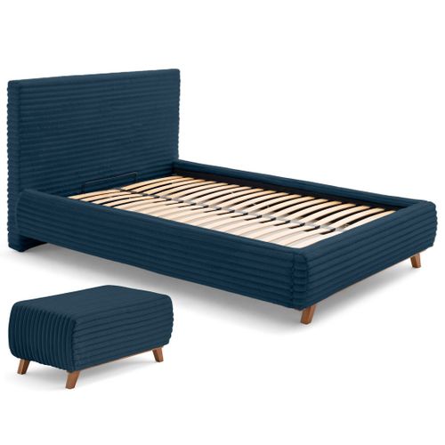 Cristal - Lit Coffre Avec Bout De Lit - 180x200 - Sommier Inclus - Fausse Fourrure Côtelée Bleu