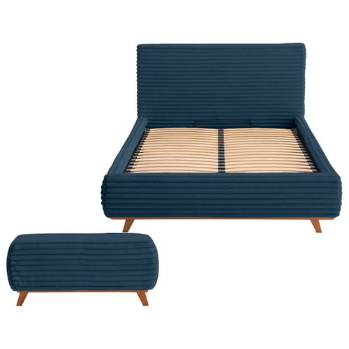 Cristal - Lit Coffre Avec Bout De Lit - 180x200 - Sommier Inclus - Fausse Fourrure Côtelée Bleu