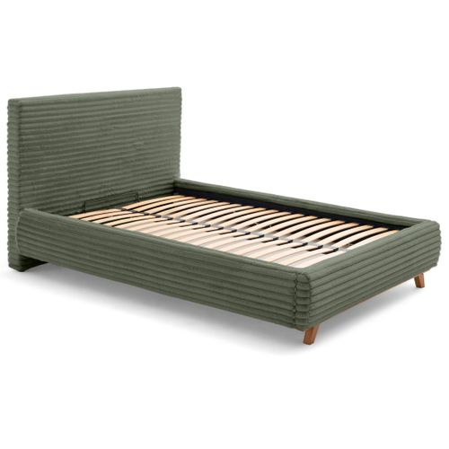 Cristal - Lit Coffre Avec Bout De Lit - 160x200 - Sommier Inclus - Fausse Fourrure Côtelée Vert