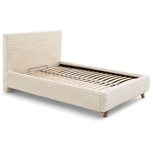 Cristal - Lit Coffre Avec Bout De Lit - 140x200 - Sommier Inclus - Fausse Fourrure Côtelée Beige