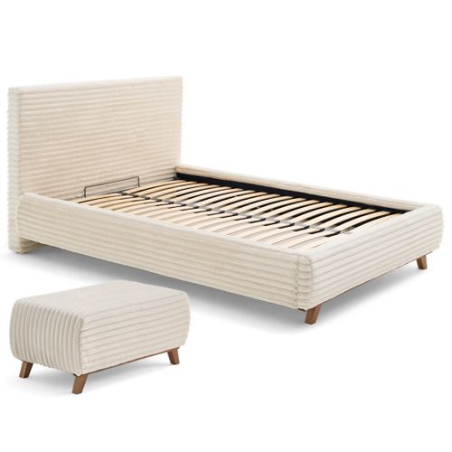 Cristal - Lit Coffre Avec Bout De Lit - 140x200 - Sommier Inclus - Fausse Fourrure Côtelée Beige