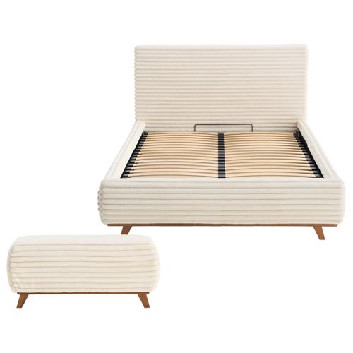 Cristal - Lit Coffre Avec Bout De Lit - 140x200 - Sommier Inclus - Fausse Fourrure Côtelée Beige