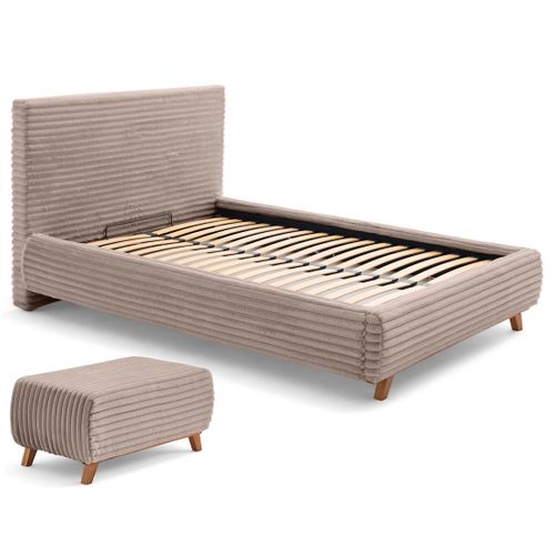 Cristal - Lit Coffre Avec Bout De Lit - 160x200 - Sommier Inclus - Fausse Fourrure Côtelée Taupe