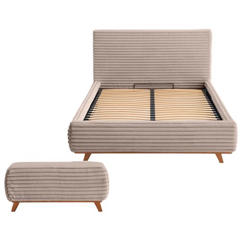 Cristal - Lit Coffre Avec Bout De Lit - 160x200 - Sommier Inclus - Fausse Fourrure Côtelée Taupe