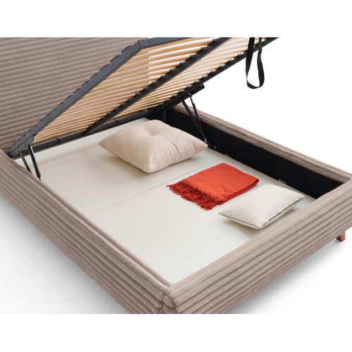 Cristal - Lit Coffre Avec Bout De Lit - 160x200 - Sommier Inclus - Fausse Fourrure Côtelée Taupe