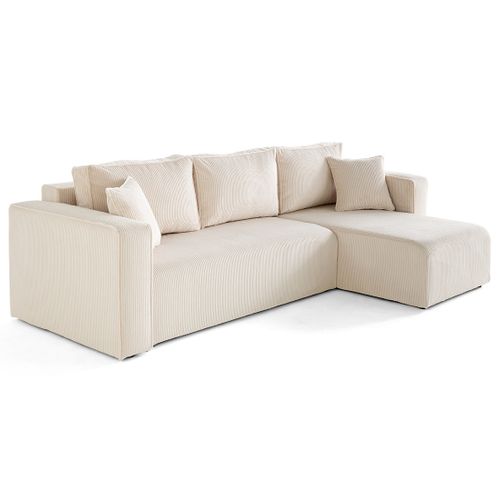 Topaze - Canapé D'angle Déhoussable Réversible 4 Places En Velours Côtelé Beige