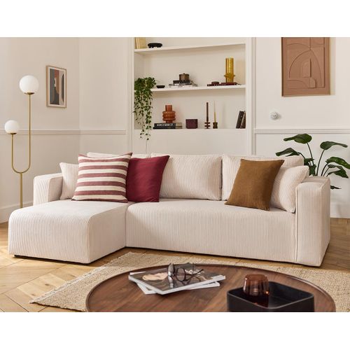 Topaze - Canapé D'angle Déhoussable Réversible 4 Places En Velours Côtelé Beige