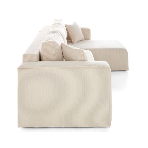 Topaze - Canapé D'angle Déhoussable Réversible 4 Places En Velours Côtelé Beige