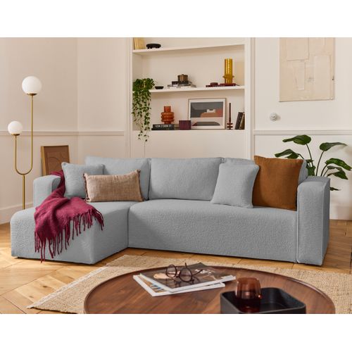 Topaze - Canapé D'angle Déhoussable Réversible 4 Places En Tissu Bouclette Gris Clair