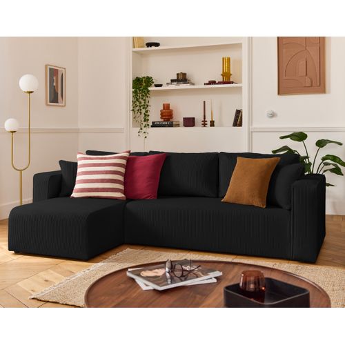 Topaze - Canapé D'angle Déhoussable Réversible 4 Places En Velours Côtelé Noir