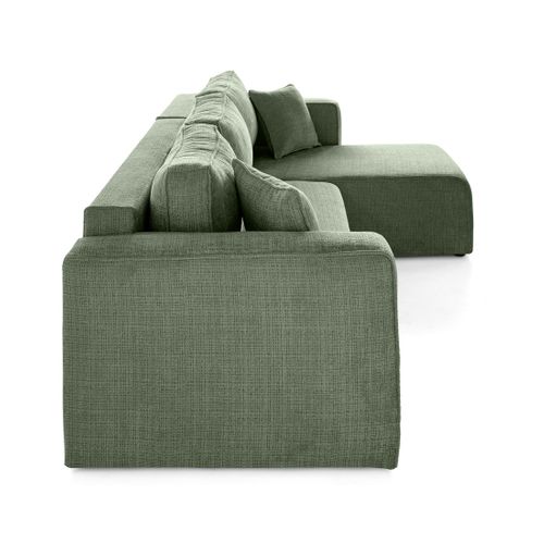 Topaze - Canapé D'angle Déhoussable Réversible 4 Places En Velours Texturé Vert Sauge