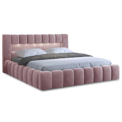 Cleo - Lit Coffre Avec LED - 160x200 Cm - Sommier Inclus - En Velours Rose