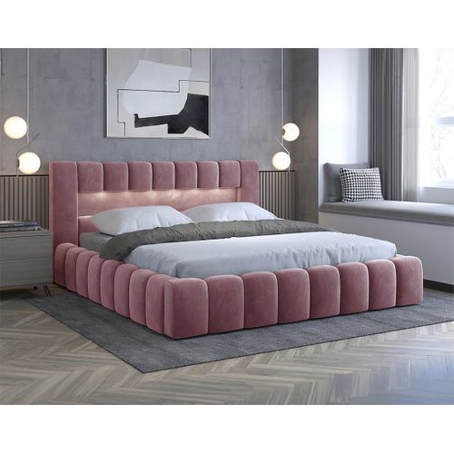 Cleo - Lit Coffre Avec LED - 160x200 Cm - Sommier Inclus - En Velours Rose