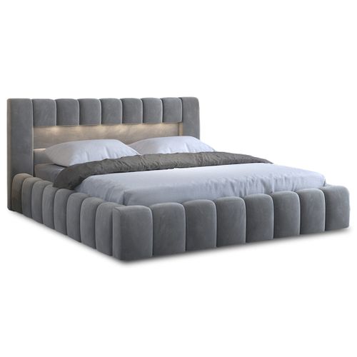 Cleo - Lit Coffre Avec LED - 160x200 Cm - Sommier Inclus - En Velours Gris Clair