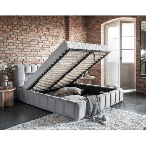 Cleo - Lit Coffre Avec LED - 160x200 Cm - Sommier Inclus - En Velours Gris Clair