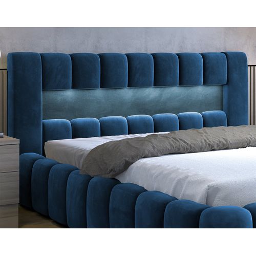 Cleo - Lit Coffre Avec LED - 160x200 Cm - Sommier Inclus - En Velours Bleu Canard