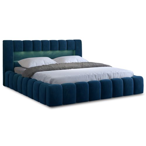 Cleo - Lit Coffre Avec LED - 160x200 Cm - Sommier Inclus - En Velours Bleu Canard