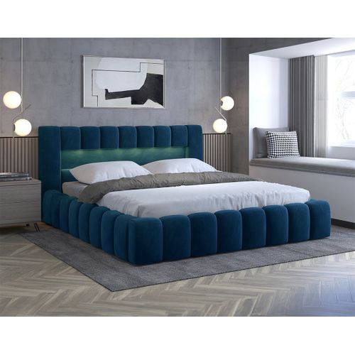 Cleo - Lit Coffre Avec LED - 160x200 Cm - Sommier Inclus - En Velours Bleu Canard