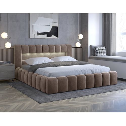 Cleo - Lit Coffre Avec LED - 180x200 Cm - Sommier Inclus - En Velours Taupe