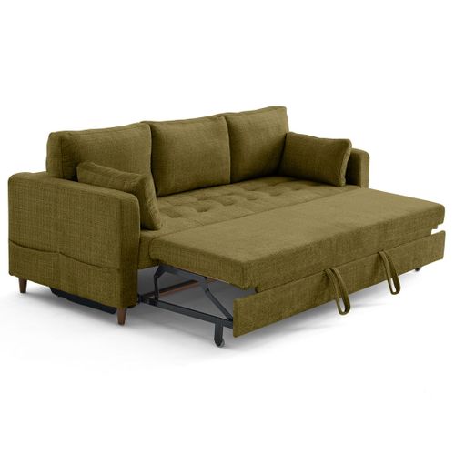 Canapé Droit Convertible 3 Places Anna En Velours Texturé Vert Olive