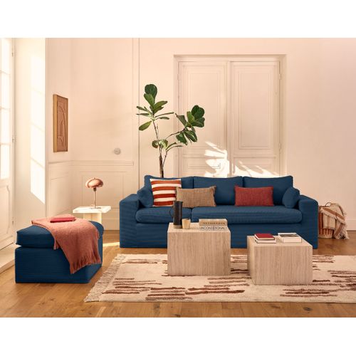 Calgary - Canapé D'angle Déhoussable Et Modulable 3 Places + 1 Pouf En Velours Côtelé