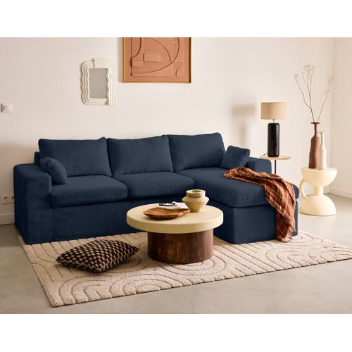 Calgary - Canapé D'angle Déhoussable Et Modulable 3 Places + 1 Pouf En Velours Texturé