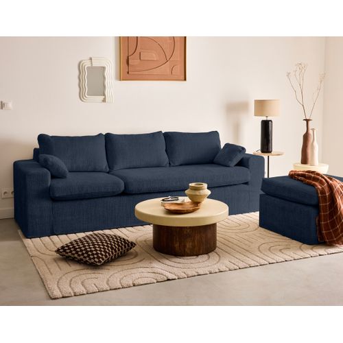 Calgary - Canapé D'angle Déhoussable Et Modulable 3 Places + 1 Pouf En Velours Texturé