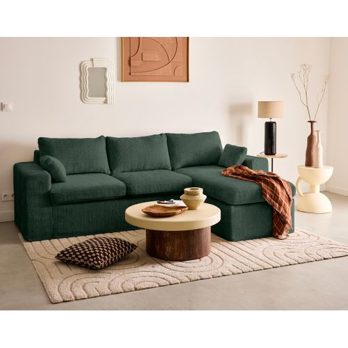 Calgary - Canapé D'angle Déhoussable Et Modulable 3 Places + 1 Pouf En Velours Texturé