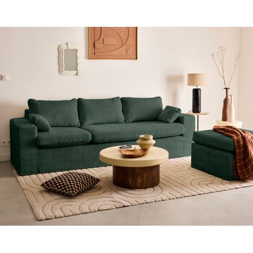 Calgary - Canapé D'angle Déhoussable Et Modulable 3 Places + 1 Pouf En Velours Texturé
