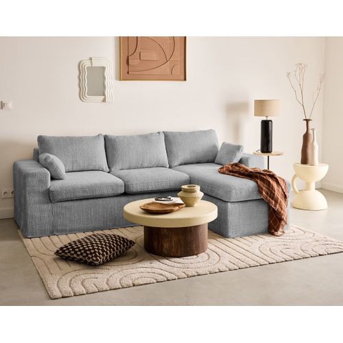 Calgary - Canapé D'angle Déhoussable Et Modulable 3 Places + 1 Pouf En Velours Texturé