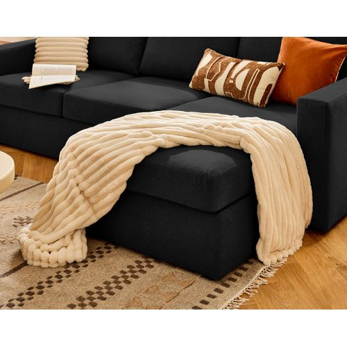 Barrie - Canapé D'angle Réversible 4 Places Avec Têtière Amovible En Tissu Noir