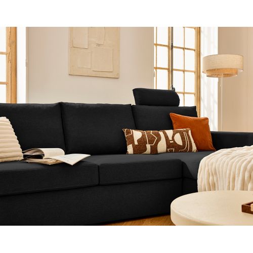 Barrie - Canapé D'angle Réversible 4 Places Avec Têtière Amovible En Tissu Noir
