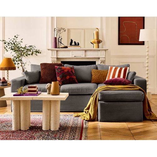 Calgary - Canapé D'angle Déhoussable Et Modulable 3 Places + 1 Pouf En Tissu
