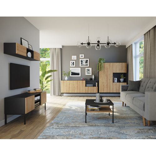 Felicia - Buffet Bas - Effet Bois Et Noir - 2 Portes, 1 Tiroir Et 1 Niche - 180 Cm