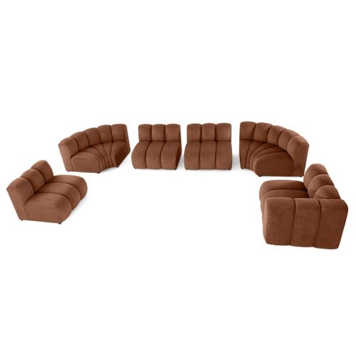 Debbie - Canapé Modulable Panoramique D'angle Gauche 7 Places En Tissu Texturé Terracotta