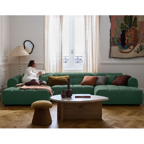 Canapé Panoramique 7 Places Ray En Tissu Texturé Vert Sauge