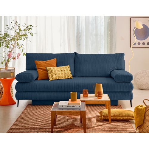 Canapé Droit Convertible 3 Places Elton En Velours Côtelé Bleu