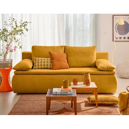 Canapé Droit Convertible 3 Places Kurt En Velours Texturé Jaune