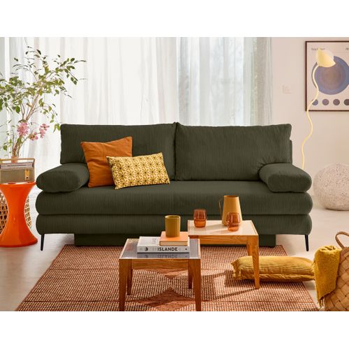 Canapé Droit Convertible 3 Places Elton En Velours Côtelé Vert Kaki