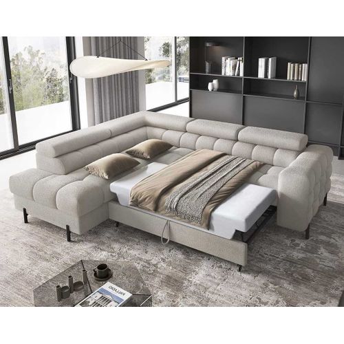 Canapé Angle Gauche Convertible 5 Places Elisa En Tissu Bouclette Taupe