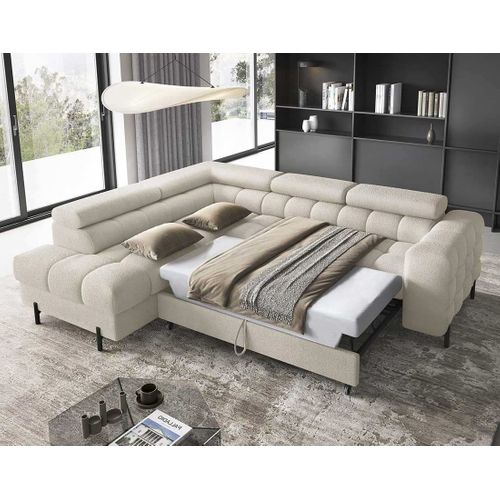 Canapé Angle Gauche Convertible 5 Places Elisa En Tissu Bouclette Beige