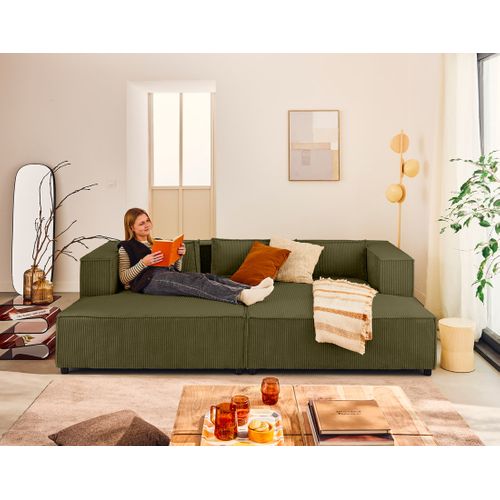 Stella - Canapé Droit 3 Places Avec Double Méridienne - Assise Profonde - En Velours Côtelé