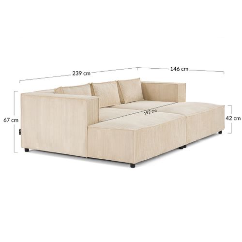 Stella - Canapé Droit 3 Places Avec Double Méridienne - Assise Profonde - En Velours Côtelé