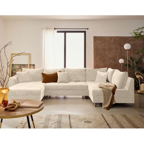 Rune - Canapé Panoramique D'angle Droit 7 Places En Velours Texturé Beige