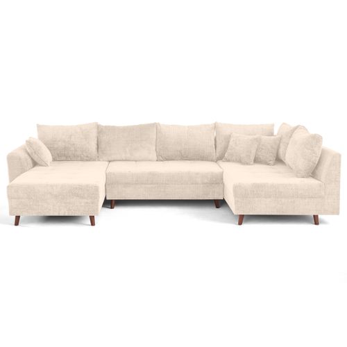 Rune - Canapé Panoramique D'angle Droit 7 Places En Velours Texturé Beige